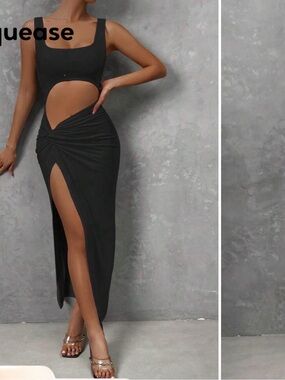 SHEIN x Marika Sila Chiquease Black Cut-Out Twist Front Maxi Dress Slit